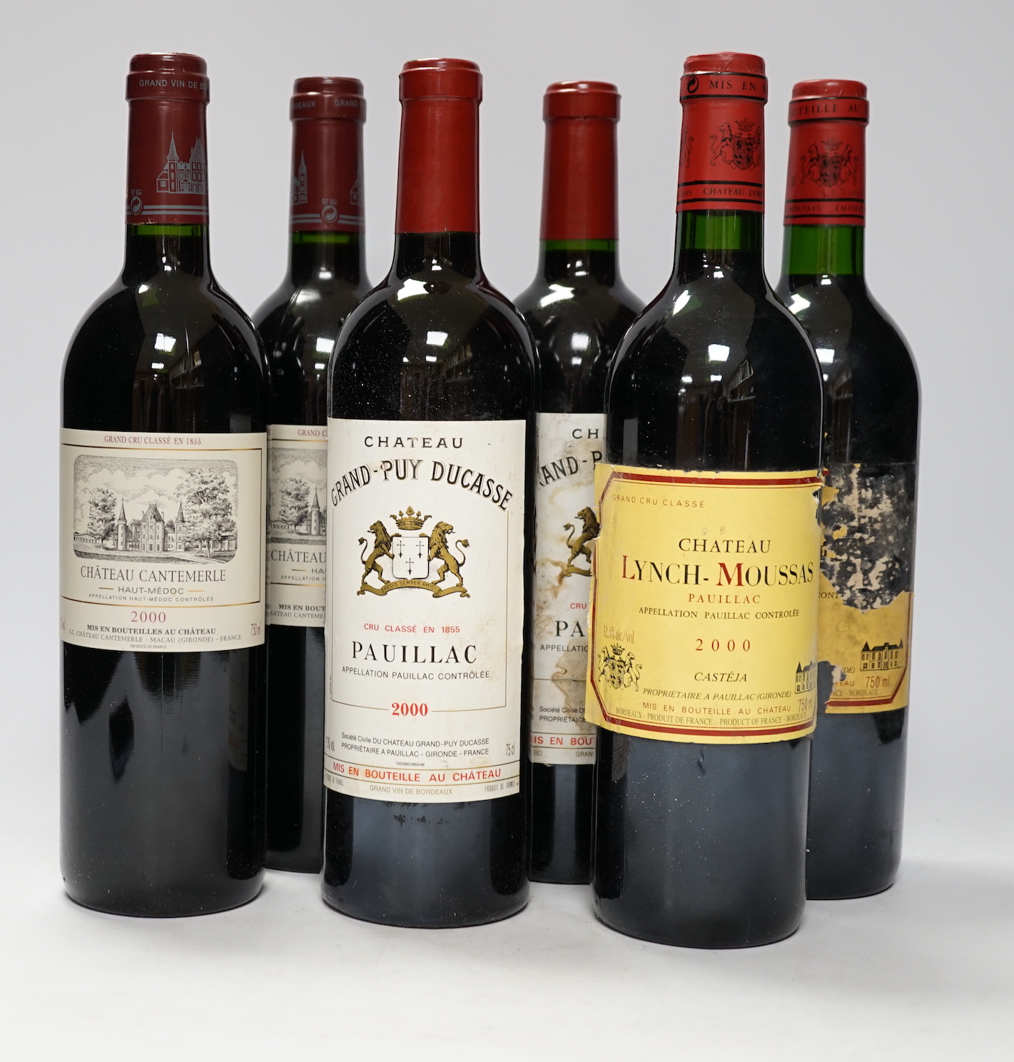 Six bottles of Grand Cru 2000 - two bottles of Chateau Cantemerle, two bottles of Chateau Lynch-Moussas and two bottles of Chateau Grand-Puy Ducasse Pauillac